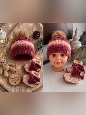 Knit Pom-Pom Headband and Booties Set - Rose & Cream, knitted in Merino wool